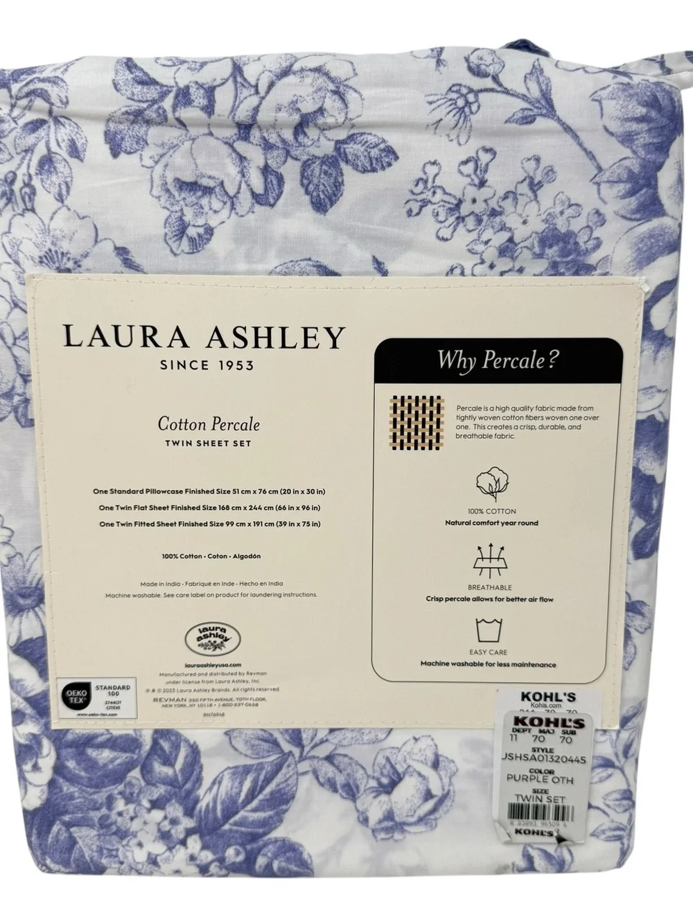 Laura Ashley twin sheet set Cotton percale Floral periwinkle blue purple New